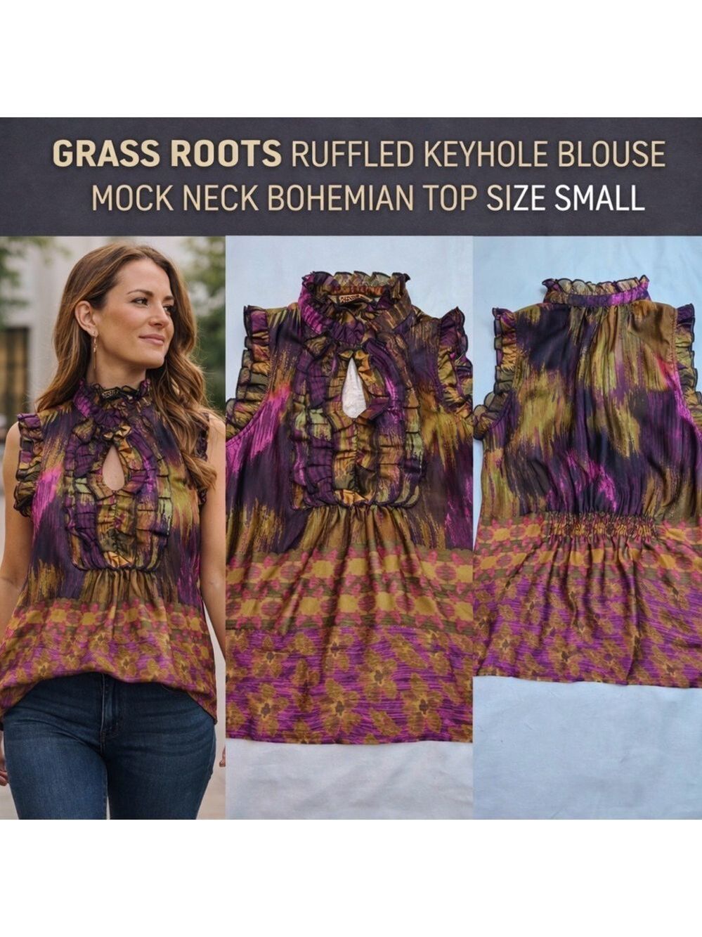 GRASS ROOTS RUFFLED KEYHOLE MOCK NECK BOHO BLOUSE SLEEVELESS SMALL WORK ATTIRE